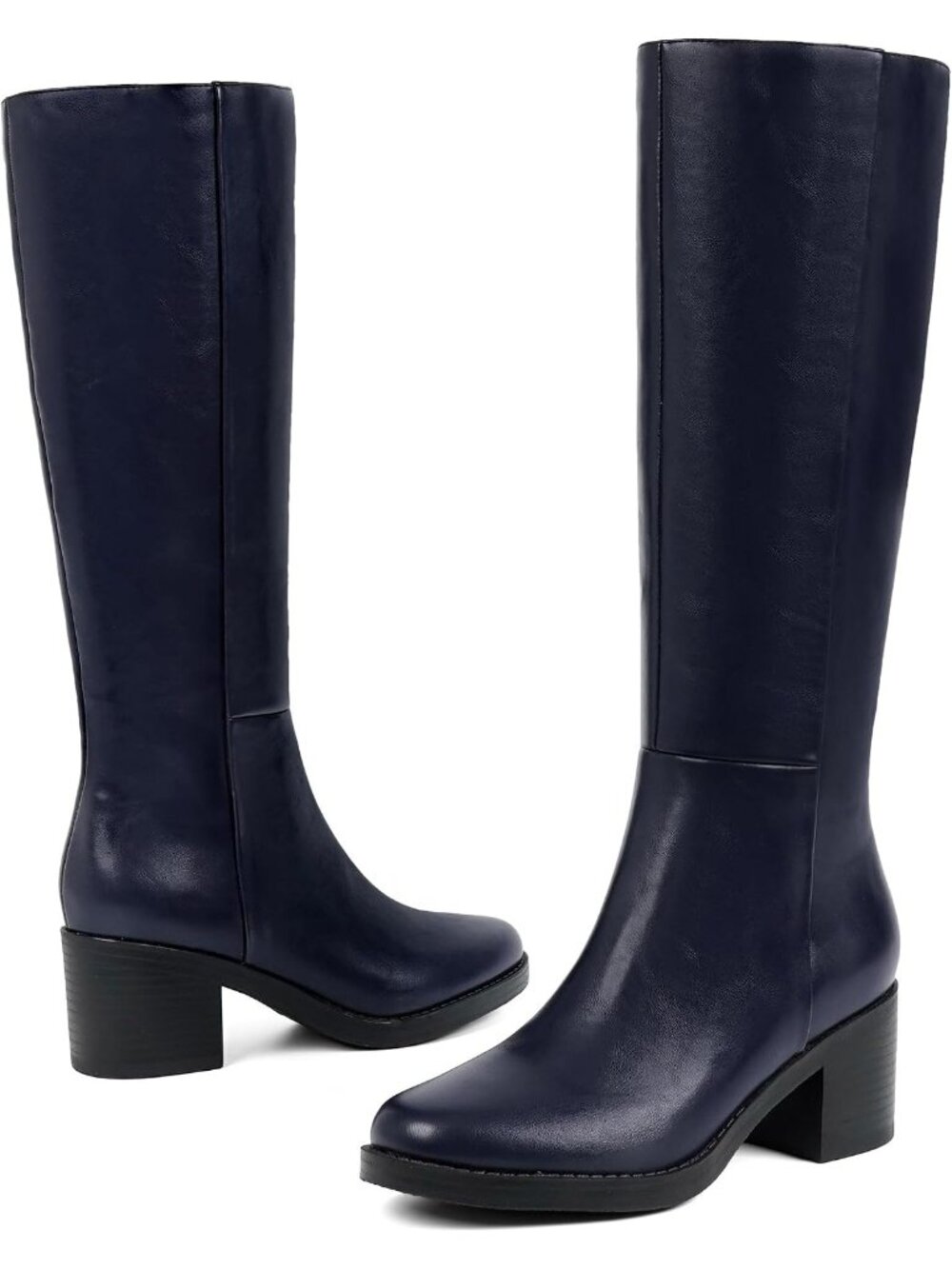 Women's Navy Blue Knee High Boots Chunky Low Block Heel Round Toe Boots Anti-sli - Picture 5 of 7
